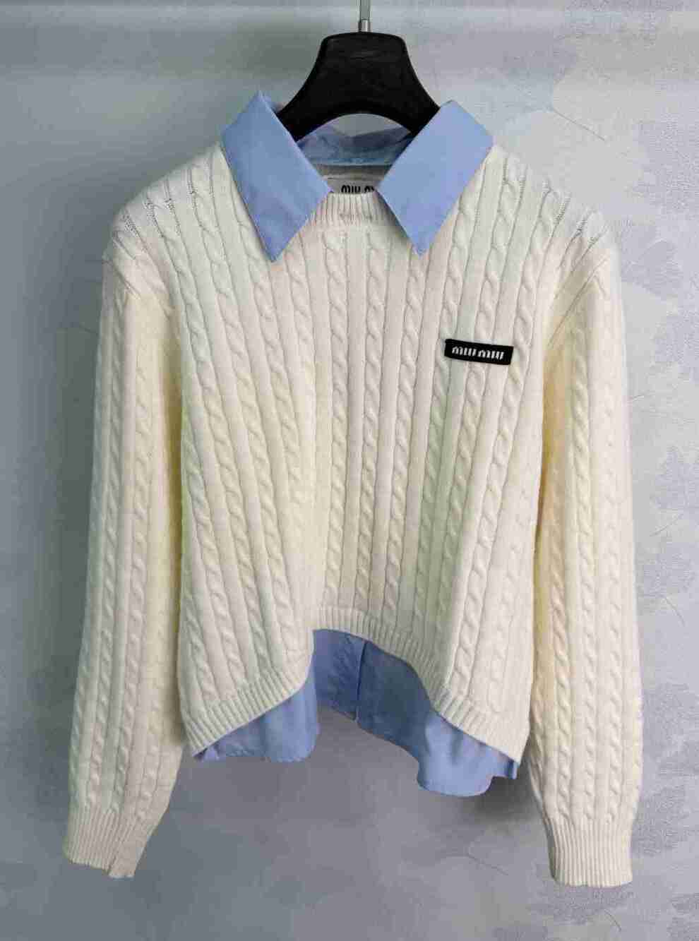 Miu Miu White Cable Knit Sweater with Blue Shirt Collar